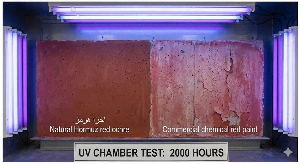 تصویری از یک دیوار بتنی که نیمی از آن با اخرای هرمز و نیمی با رنگ شیمیایی رنگ شده، پس از تست فرسایش نوری (UV Chamber). سمت اخرای هرمز ثابت مانده است.