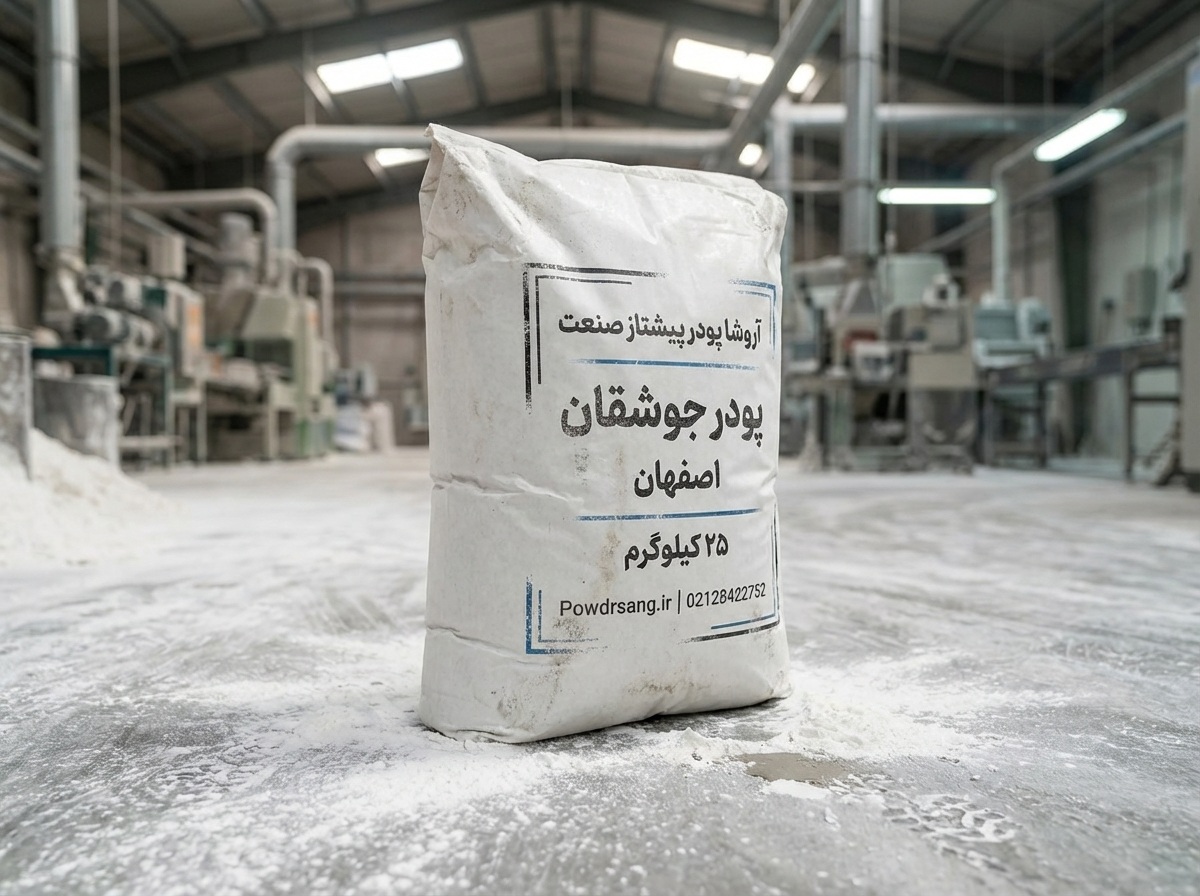 کیسه ۲۵ کیلویی پودر سنگ جوشقان اصفهان در کارخانه تولید پودر سنگ سفید جوشقان مناسب برای ساختمان سازی، نماکاری، بندکشی و تولید ملات